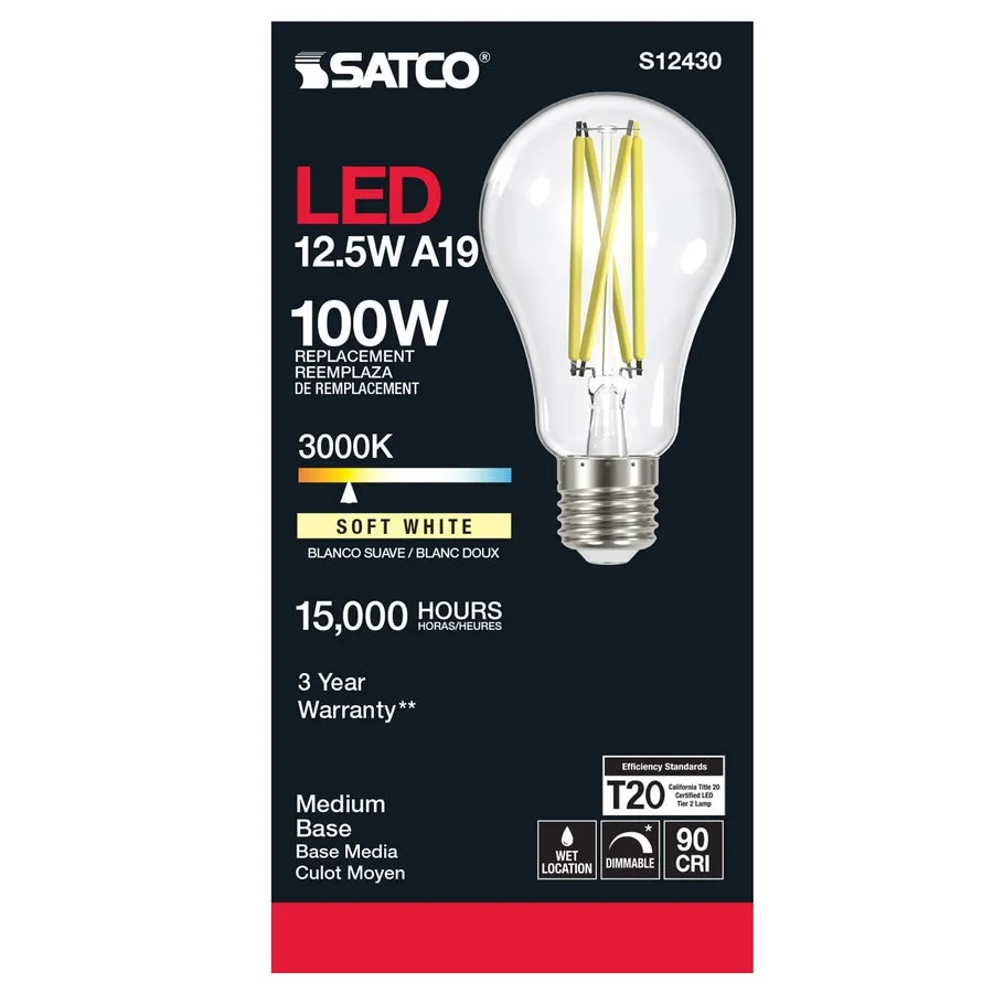 12.5W LED A19 - Clear - Medium Base - 3000K - 90 CRI - 120V