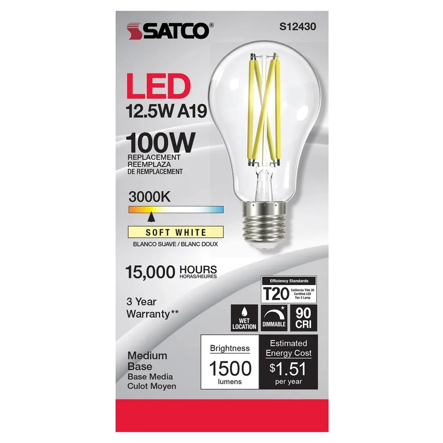 12.5W LED A19 - Clear - Medium Base - 3000K - 90 CRI - 120V