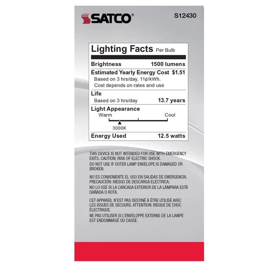 12.5W LED A19 - Clear - Medium Base - 3000K - 90 CRI - 120V