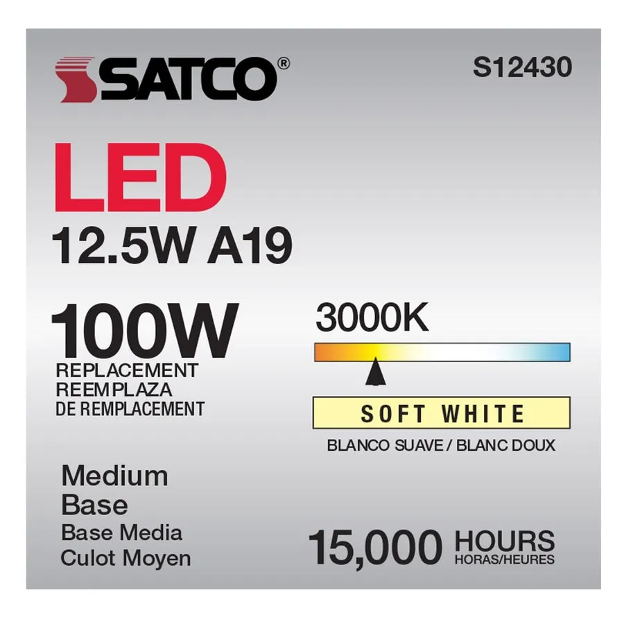 12.5W LED A19 - Clear - Medium Base - 3000K - 90 CRI - 120V