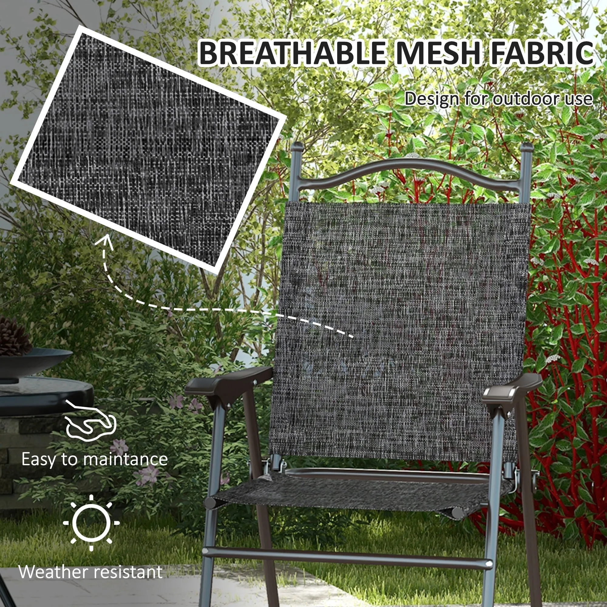 2-Piece Folding Patio Camping Chairs Set Sports Chairs for Adults with Armrest Mesh Fabric Seat for Lawn
