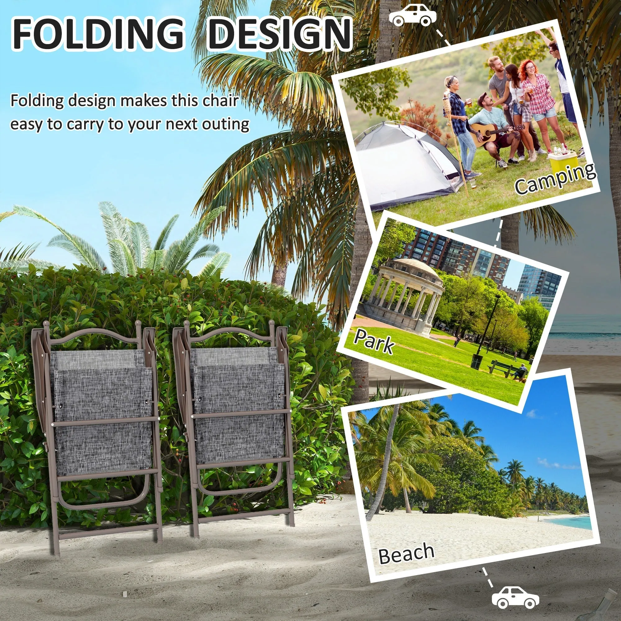 2-Piece Folding Patio Camping Chairs Set Sports Chairs for Adults with Armrest Mesh Fabric Seat for Lawn