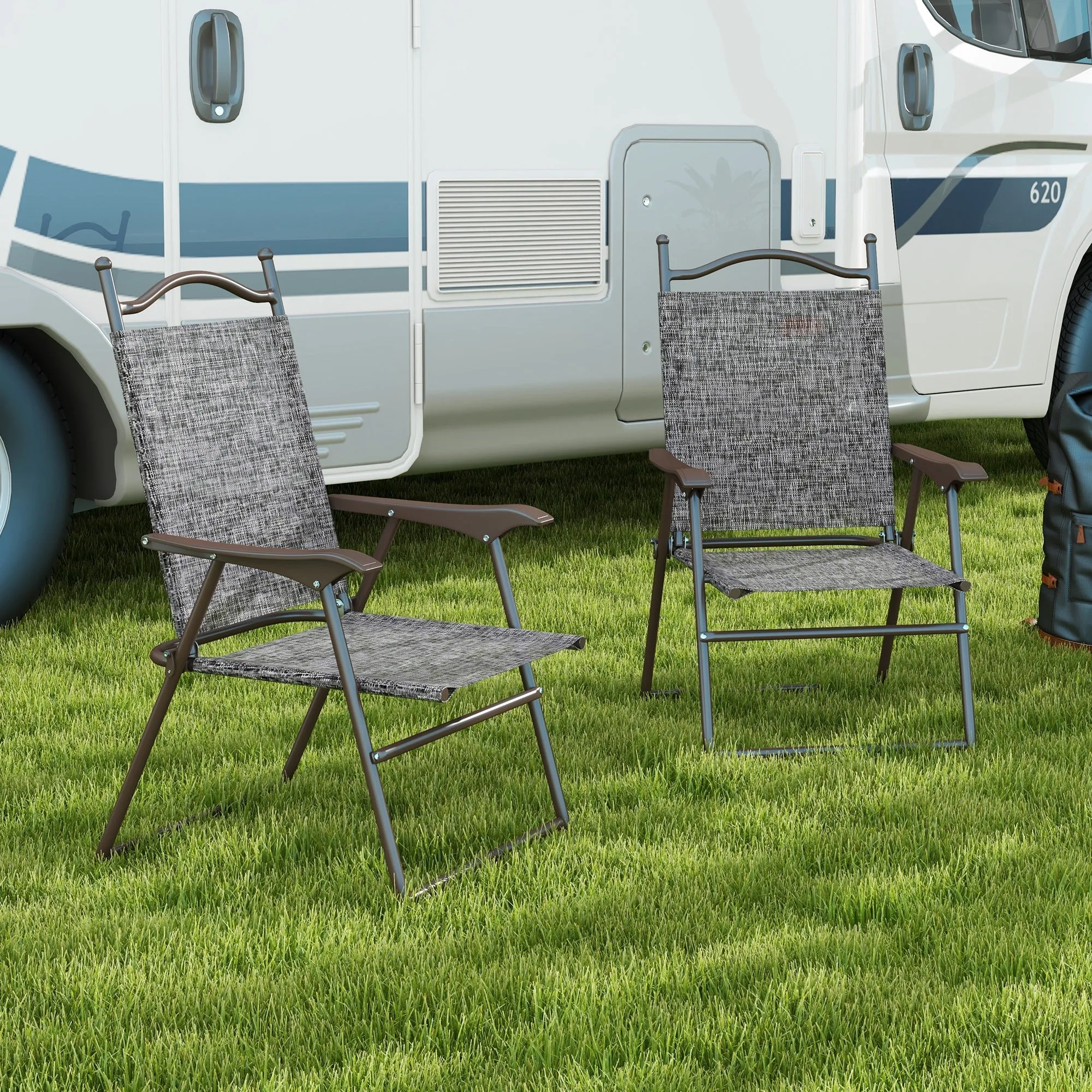 2-Piece Folding Patio Camping Chairs Set Sports Chairs for Adults with Armrest Mesh Fabric Seat for Lawn