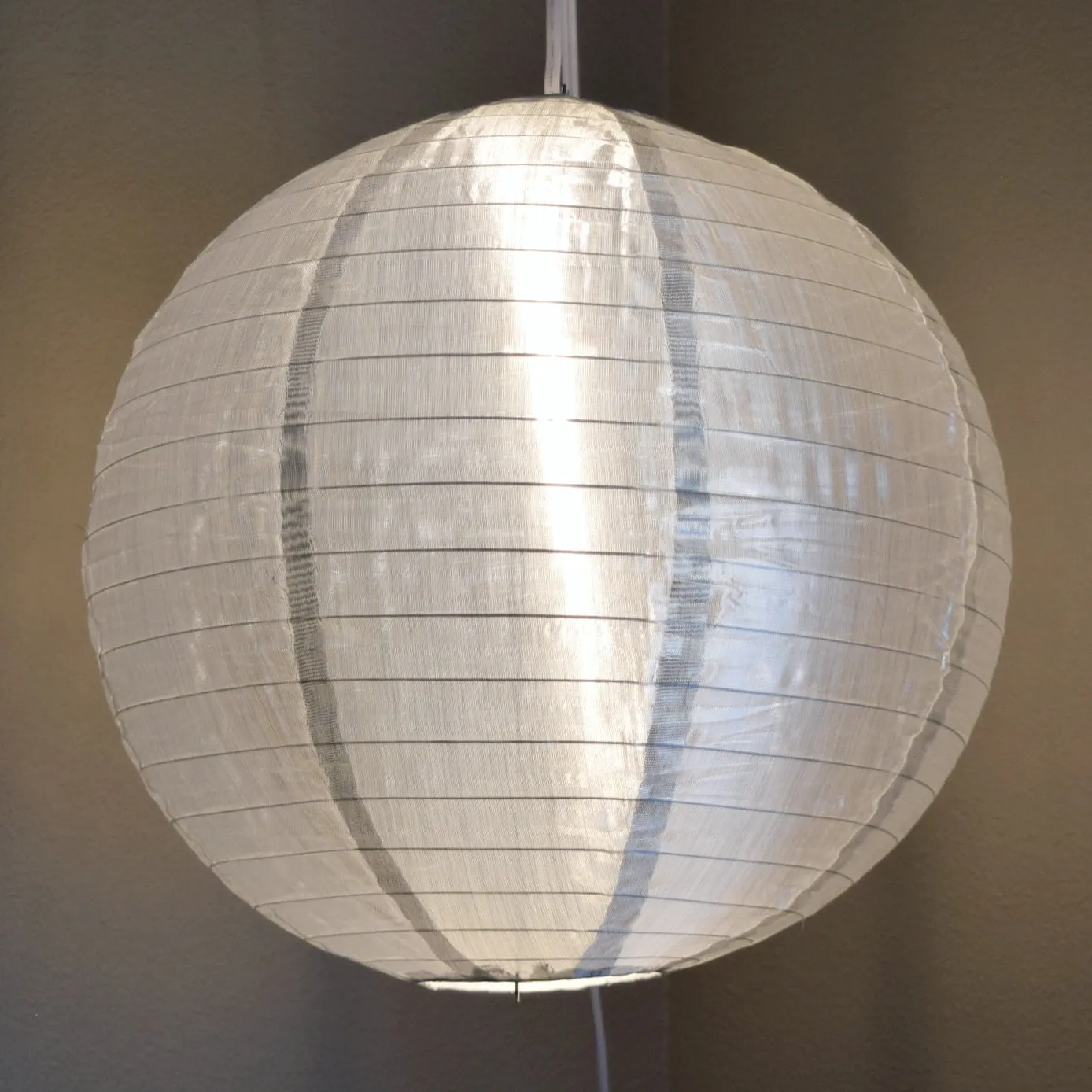 24 Inch Silver Shimmering Nylon Lantern, Parallel Ribbing, Durable, Hanging