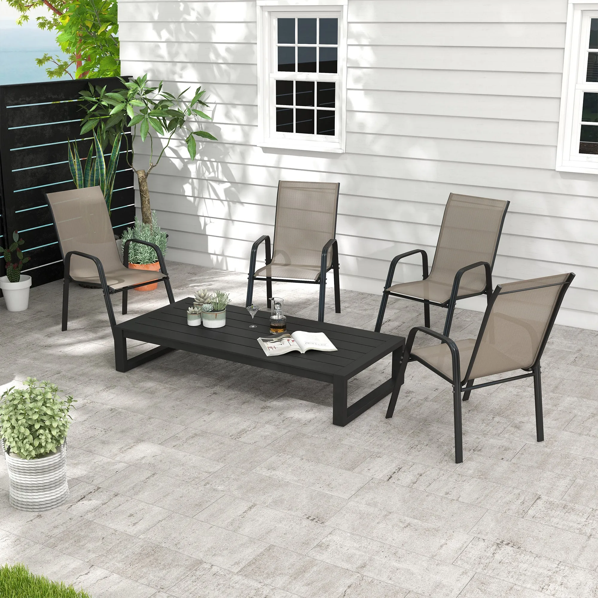 4 Pieces Garden Chairs, Stackable Outdoor Dining Chair, Grey