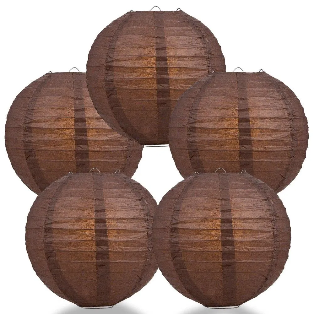 5-PACK 14" Brown Round Paper Lantern, Even Ribbing, Chinese Hanging Wedding & Party Decoration
