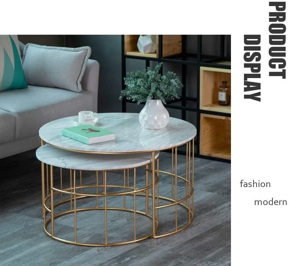 Aafiya Handicrafts 2-Piece Modern Round Coffee Table Set For Living Room, Circle End Side Tables For Bedroom Office Balcony Yard - Metal