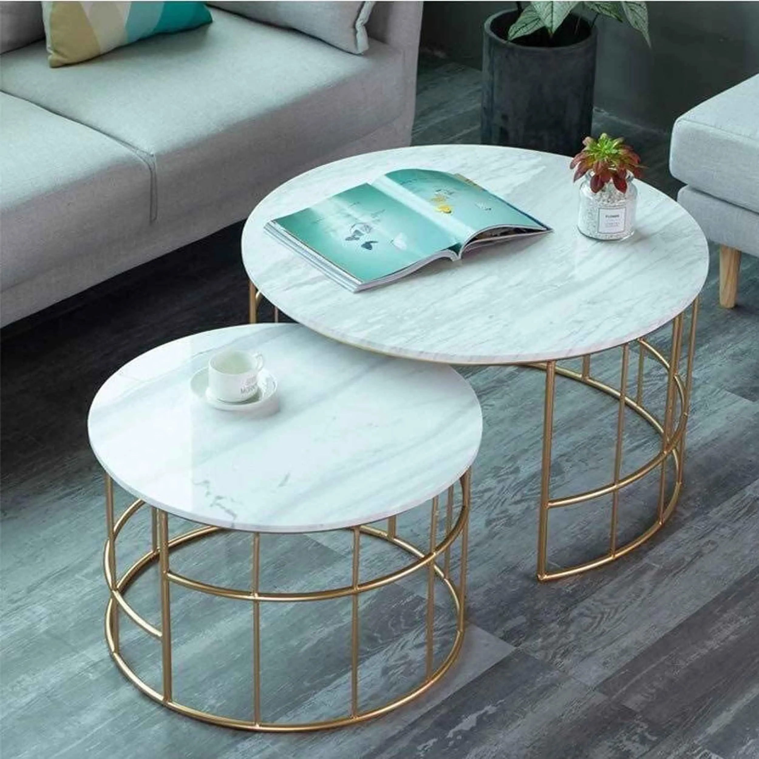 Aafiya Handicrafts 2-Piece Modern Round Coffee Table Set For Living Room, Circle End Side Tables For Bedroom Office Balcony Yard - Metal