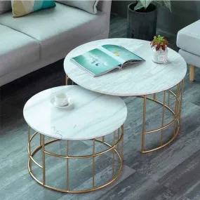 Aafiya Handicrafts 2-Piece Modern Round Coffee Table Set For Living Room, Circle End Side Tables For Bedroom Office Balcony Yard - Metal