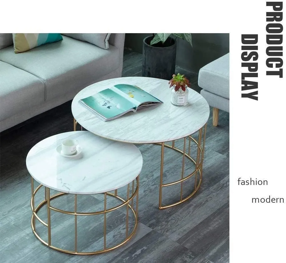 Aafiya Handicrafts 2-Piece Modern Round Coffee Table Set For Living Room, Circle End Side Tables For Bedroom Office Balcony Yard - Metal