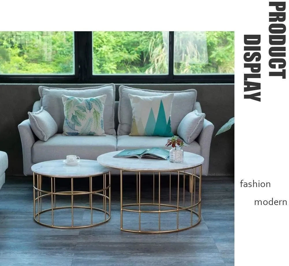 Aafiya Handicrafts 2-Piece Modern Round Coffee Table Set For Living Room, Circle End Side Tables For Bedroom Office Balcony Yard - Metal