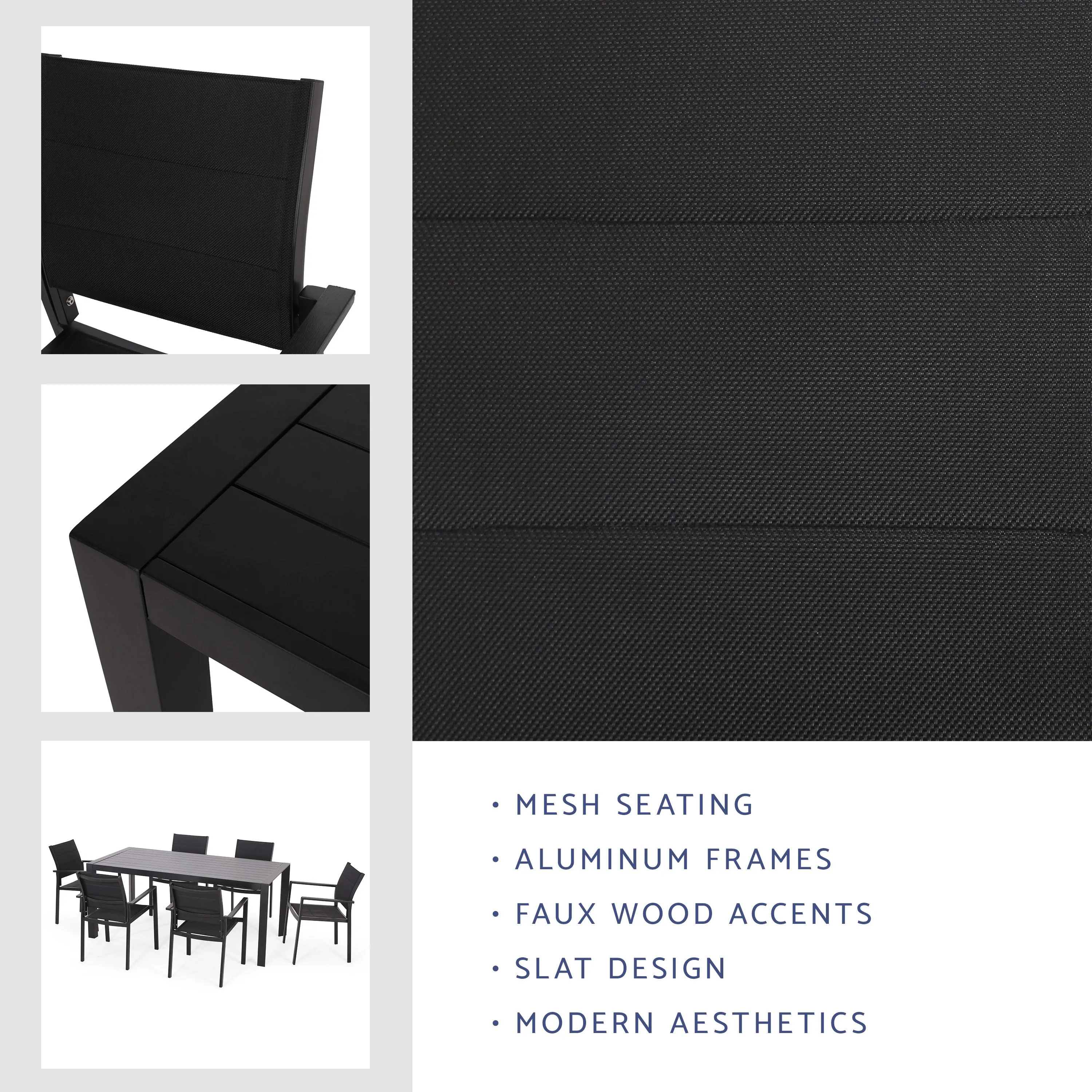 Bellomy Outdoor Mesh and Aluminum 7 Piece Dining Set, Black