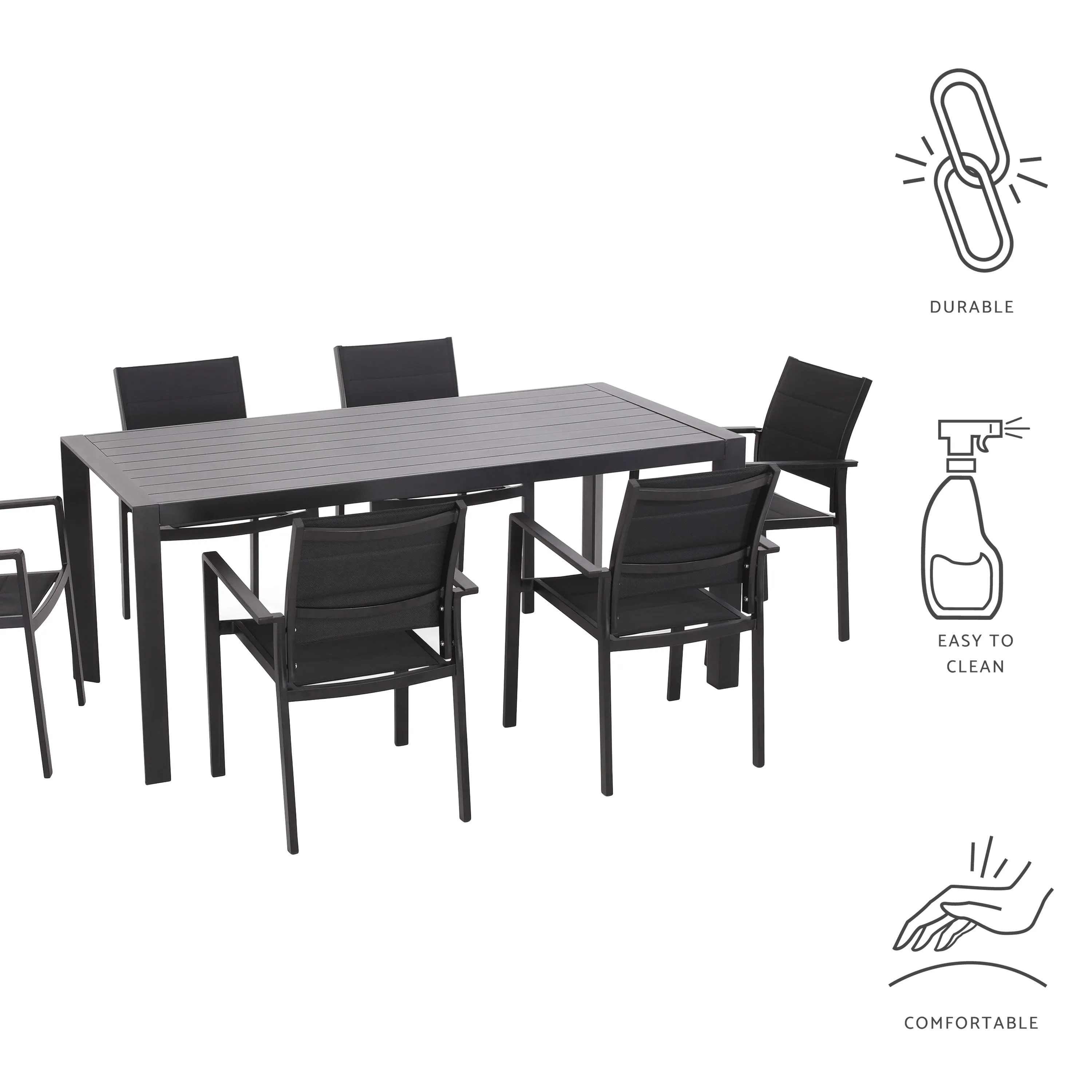 Bellomy Outdoor Mesh and Aluminum 7 Piece Dining Set, Black