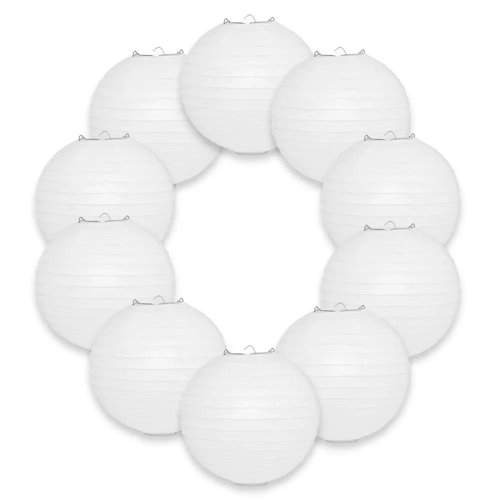 BULK PACK (10) 12" White Round Paper Lanterns, Even Ribbing, Hanging Decoration
