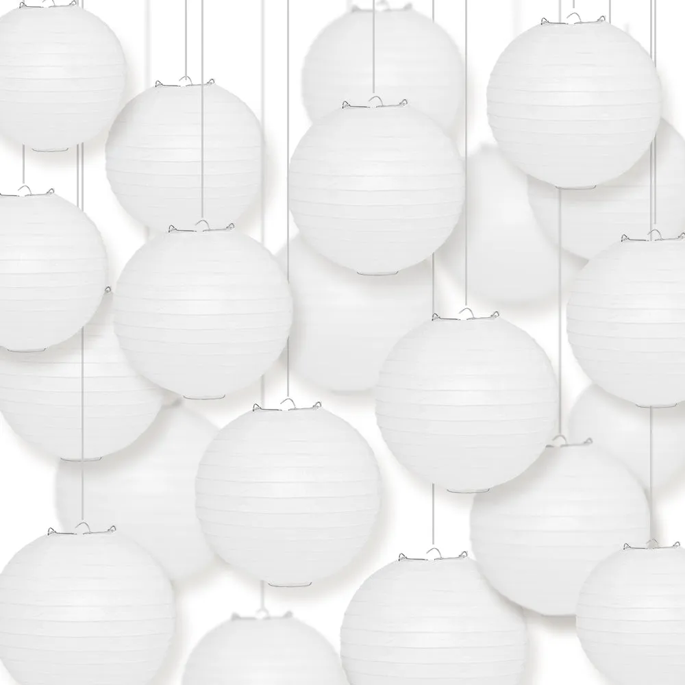 BULK PACK (50) 14" White Round Paper Lanterns, Even Ribbing, Hanging Decoration