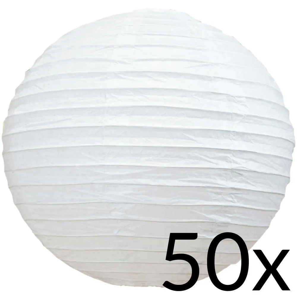 BULK PACK (50) 14" White Round Paper Lanterns, Even Ribbing, Hanging Decoration