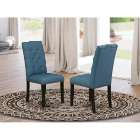 East West Furniture ELP1T21 Elsa Parson Kitchen Chairs - Button Tufted Nailhead Trim Blue Linen Fabric Upholstered Dining Chairs, Set of 2, Black