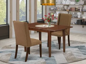 East West Furniture NFFL3-MAH-18 3 Piece Modern Dining Table Set Contains a Rectangle Wooden Table with Butterfly Leaf and 2 Brown Linen Linen Fabric Parson Chairs, 32x54 Inch, Mahogany