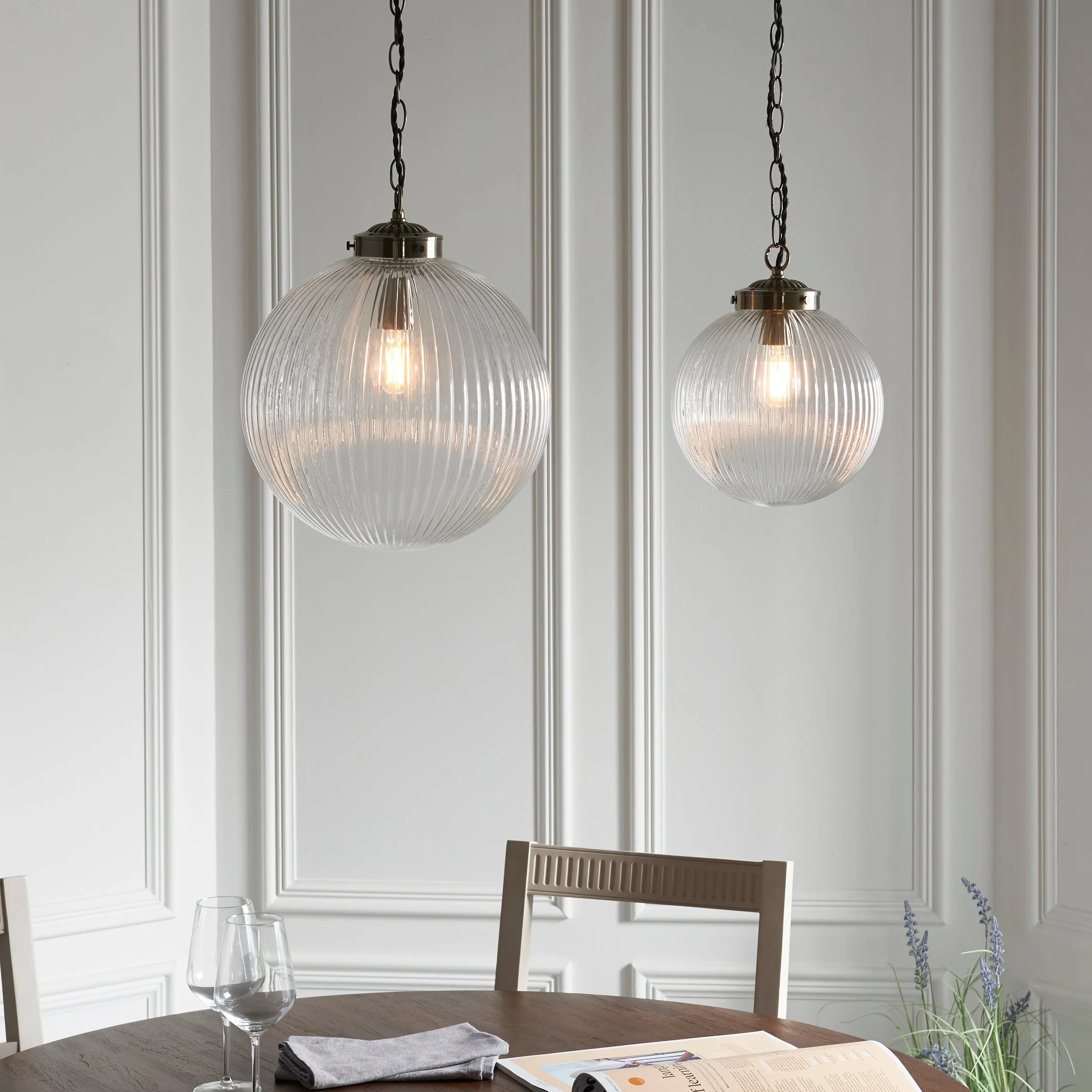 Endon Brydon Antique Brass & Ribbed Glass Pendant Large