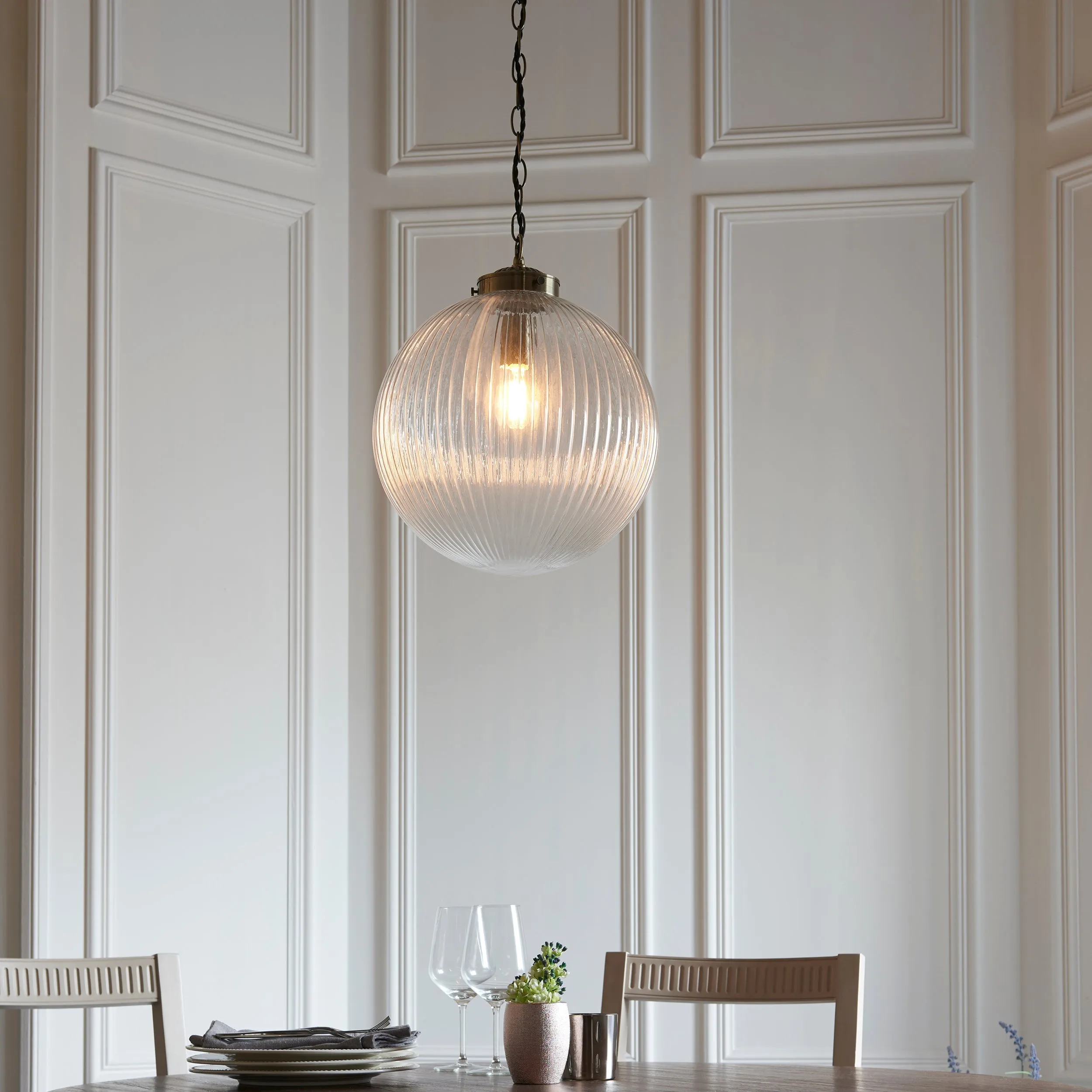 Endon Brydon Antique Brass & Ribbed Glass Pendant Large