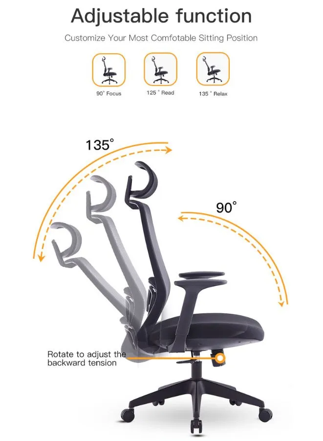 Executive High Back Mesh Office Chair With Headrest, Height Adjustable Black Frame Chair