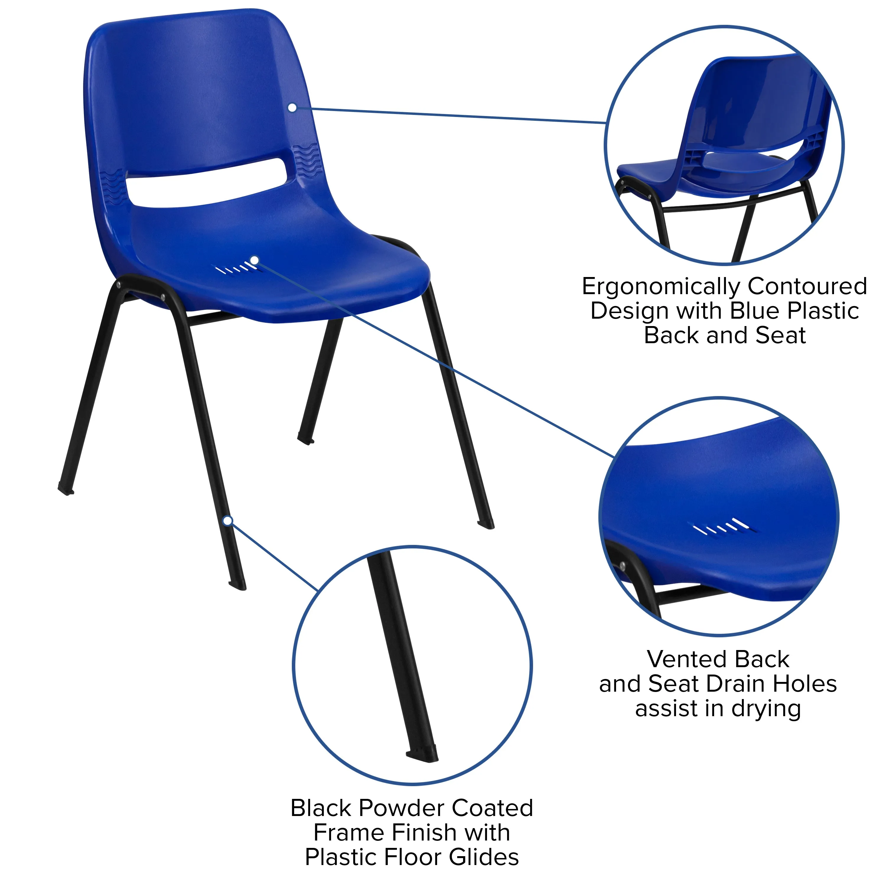 HERCULES Series 661 lb. Capacity Navy Ergonomic Shell Stack Chair with Black Frame and 16'' Seat Height