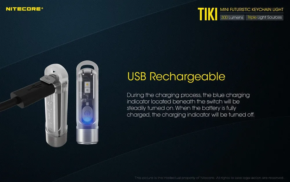 Nitecore TIKI LE Keychain Light w/ Aux. Red/Blue Beams (300 Lumens | USB Rechargeable)