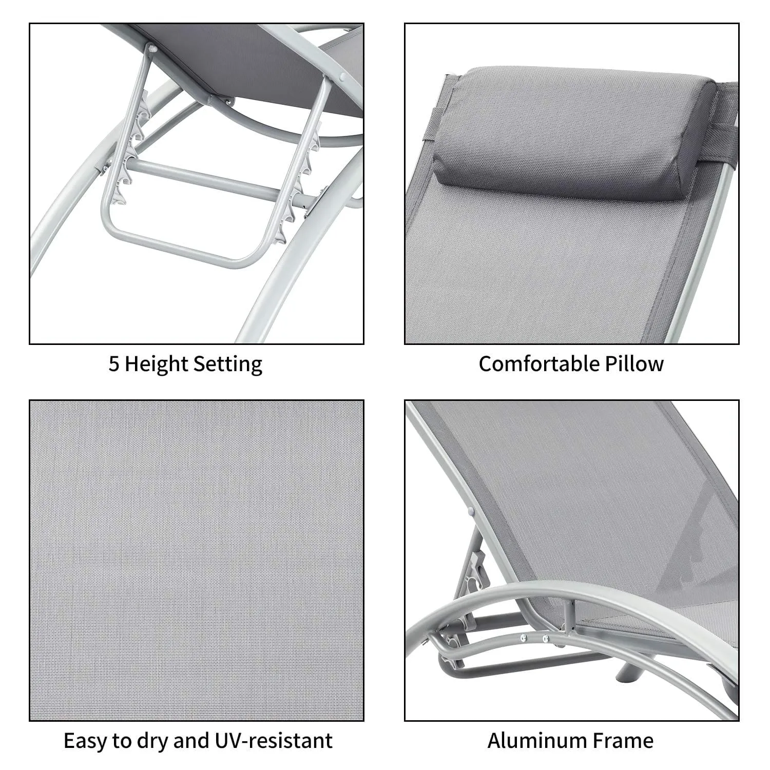 Outdoor Patio Lounge Chairs Aluminum Pool Chaise Lounges Adjustable for All Weather for Beach Backyard（2-Pack Gray