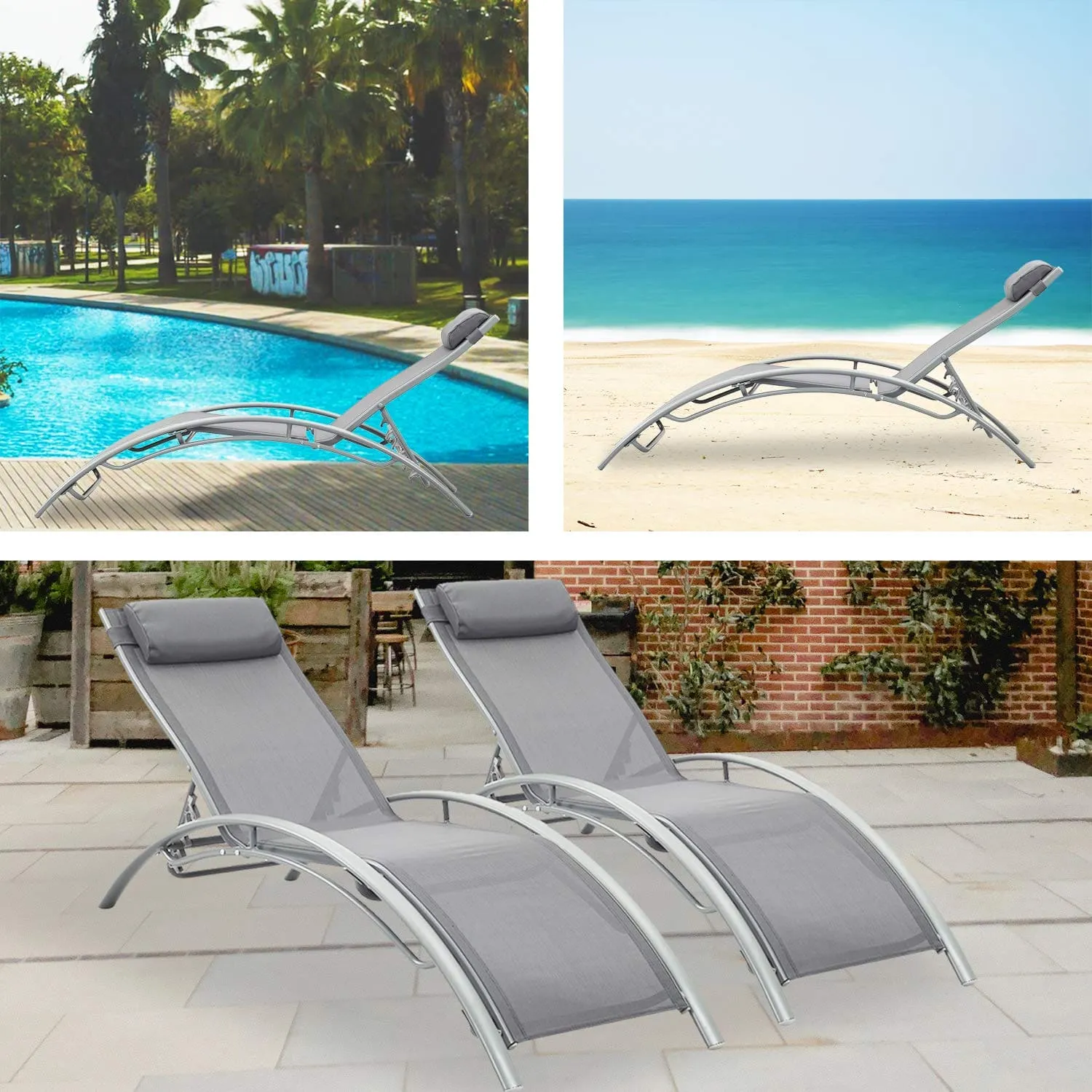 Outdoor Patio Lounge Chairs Aluminum Pool Chaise Lounges Adjustable for All Weather for Beach Backyard（2-Pack Gray