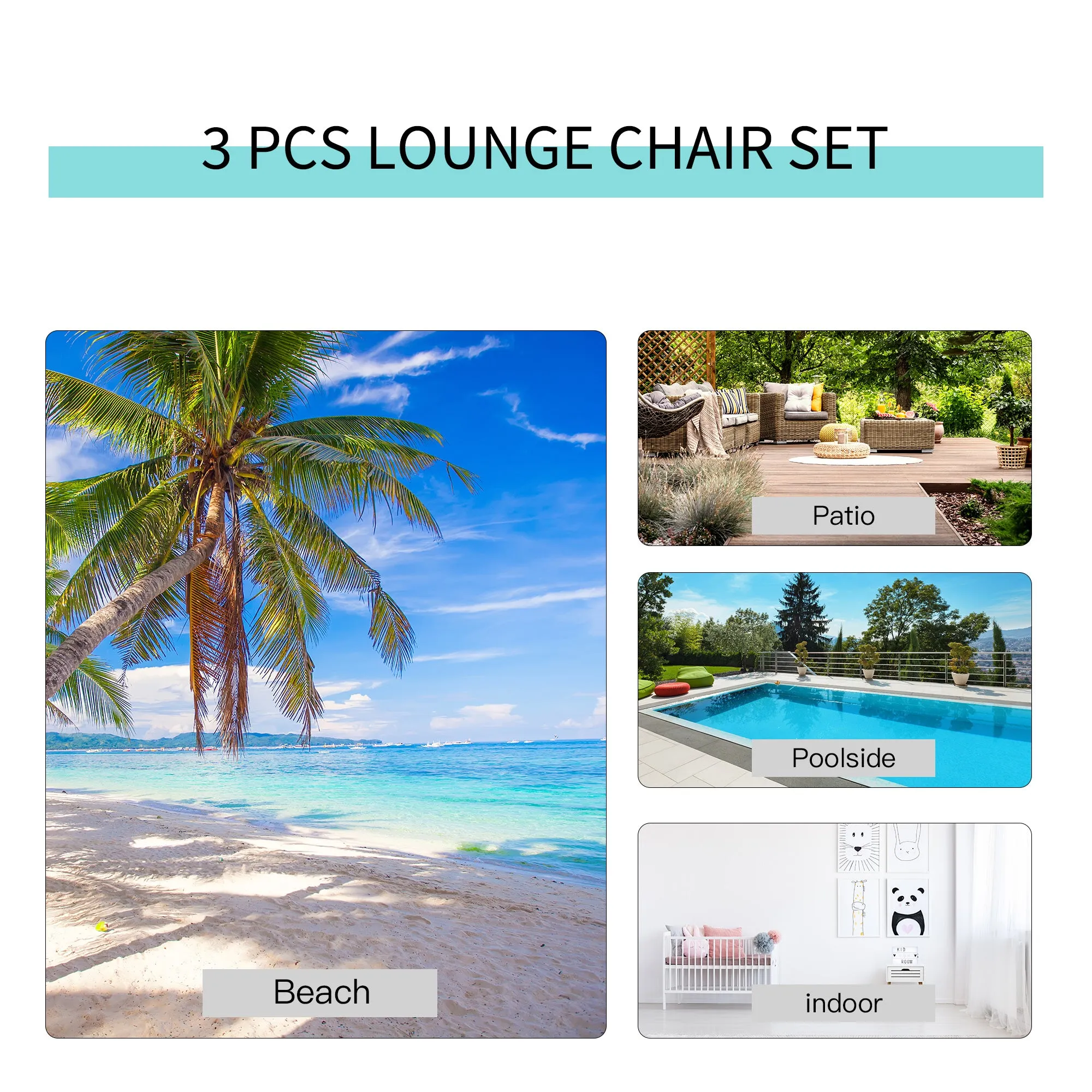 Outsunny 3 Pieces Lounge Chair Set Garden Sunbathing Chair w/ Table Cream