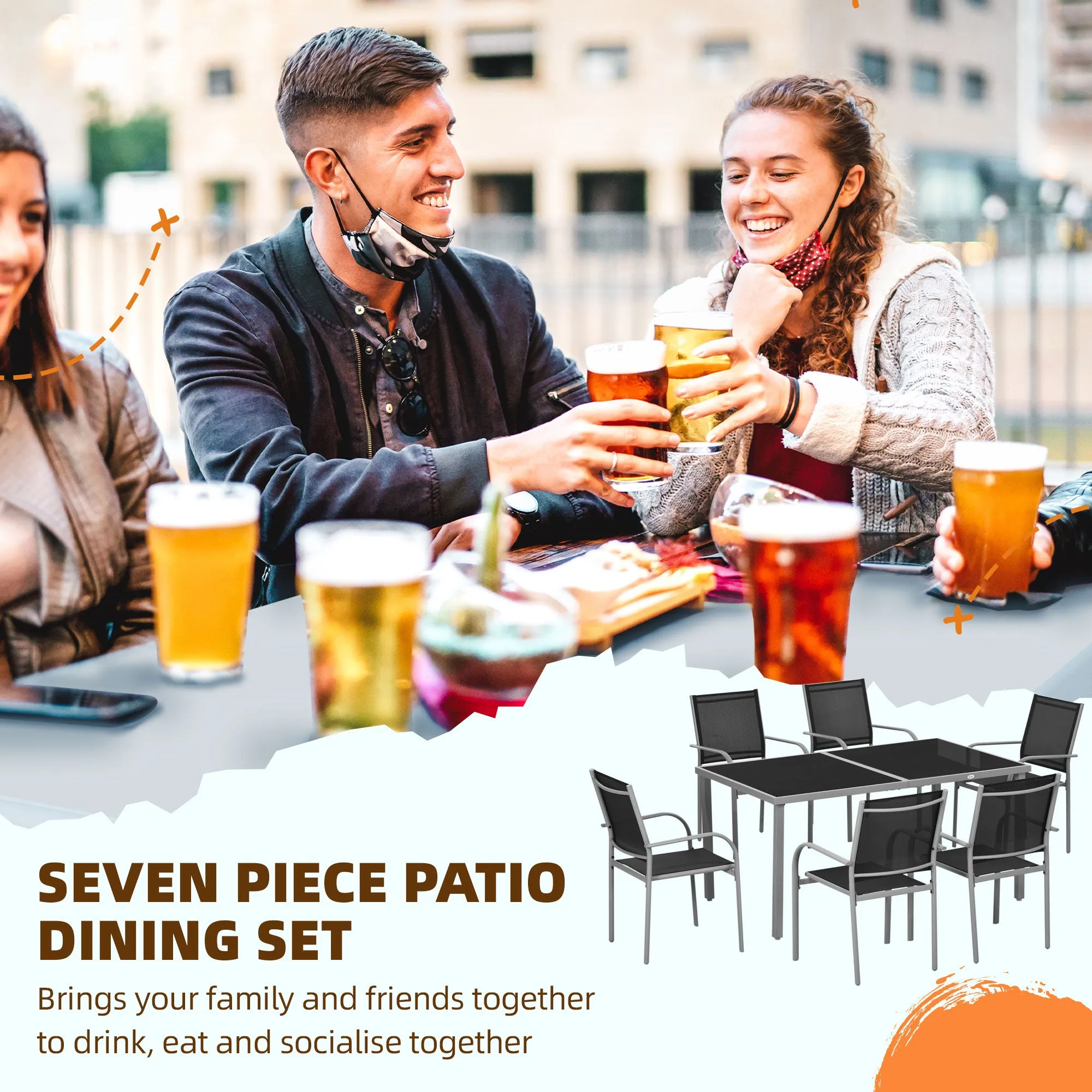 Outsunny 7 Piece Garden Dining Set, Steel Outdoor Table and Chairs, Black