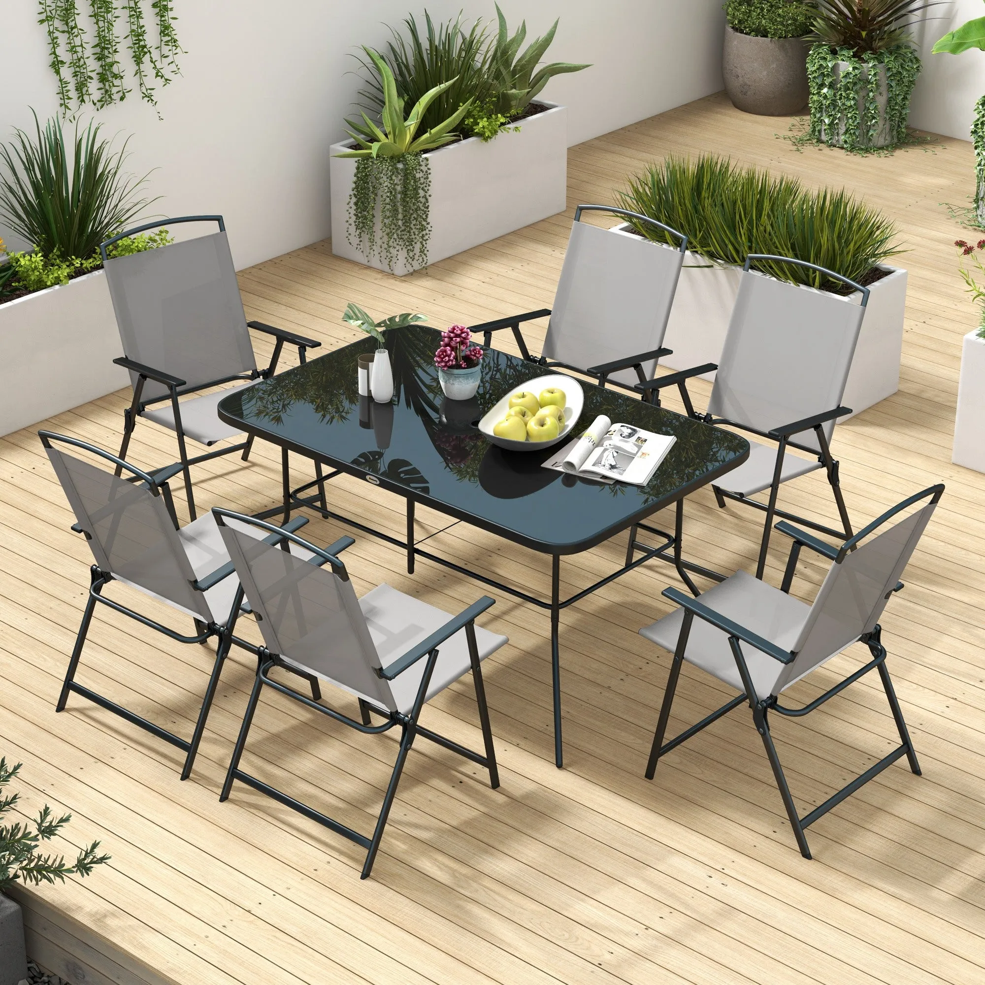 Outsunny 7 Pieces Garden Table and Chairs with Tempered Glass Top Grey