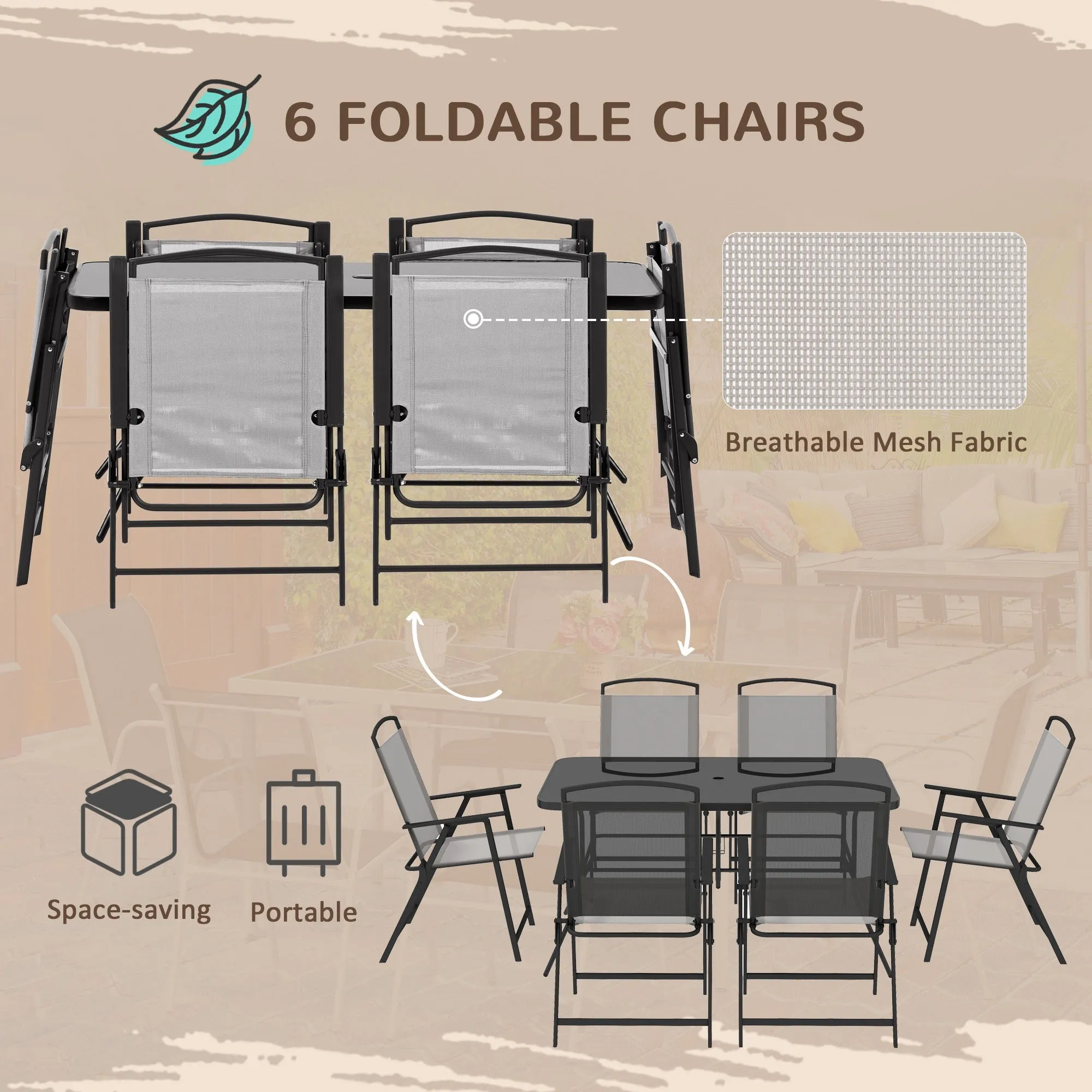 Outsunny 7 Pieces Garden Table and Chairs with Tempered Glass Top Grey
