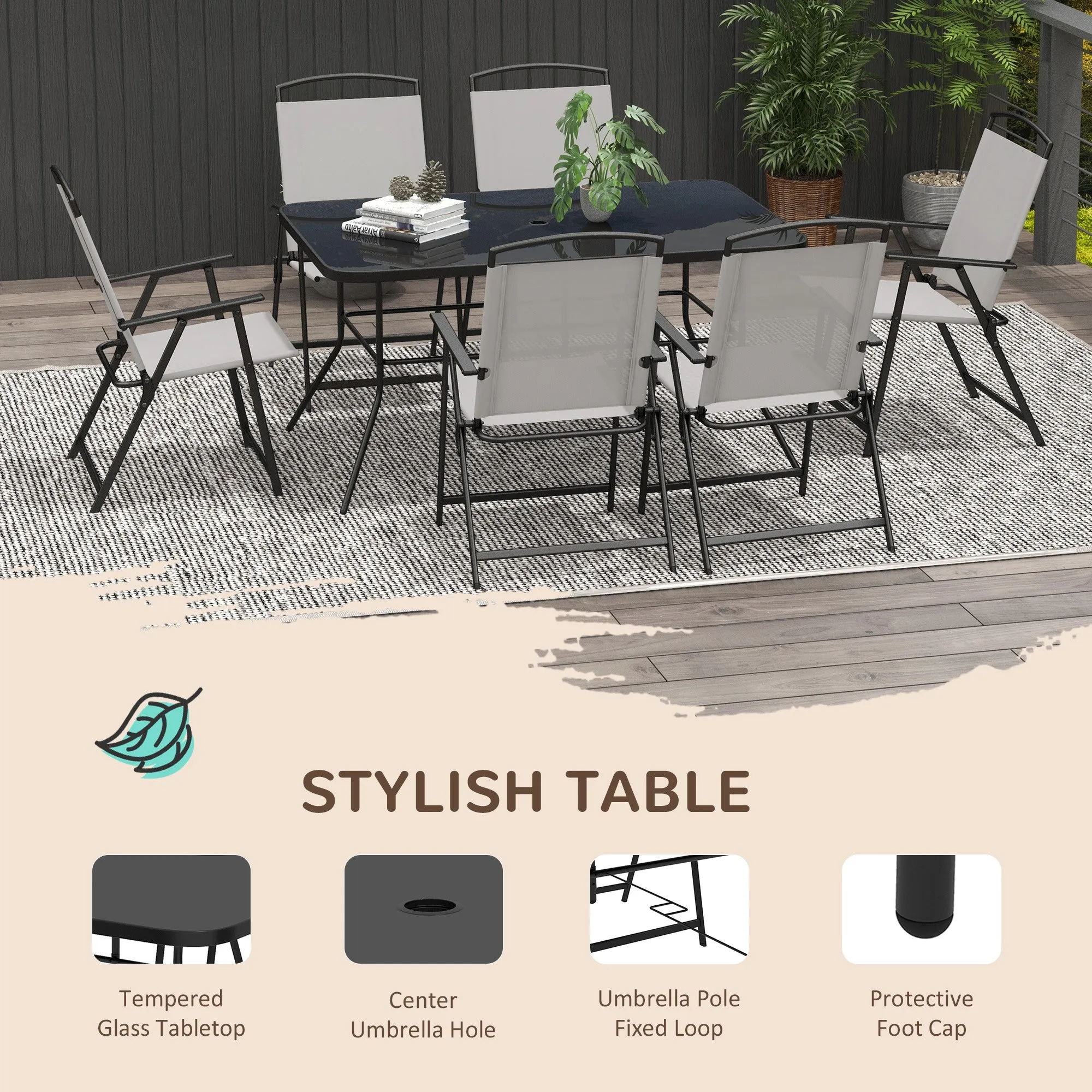 Outsunny 7 Pieces Garden Table and Chairs with Tempered Glass Top Grey