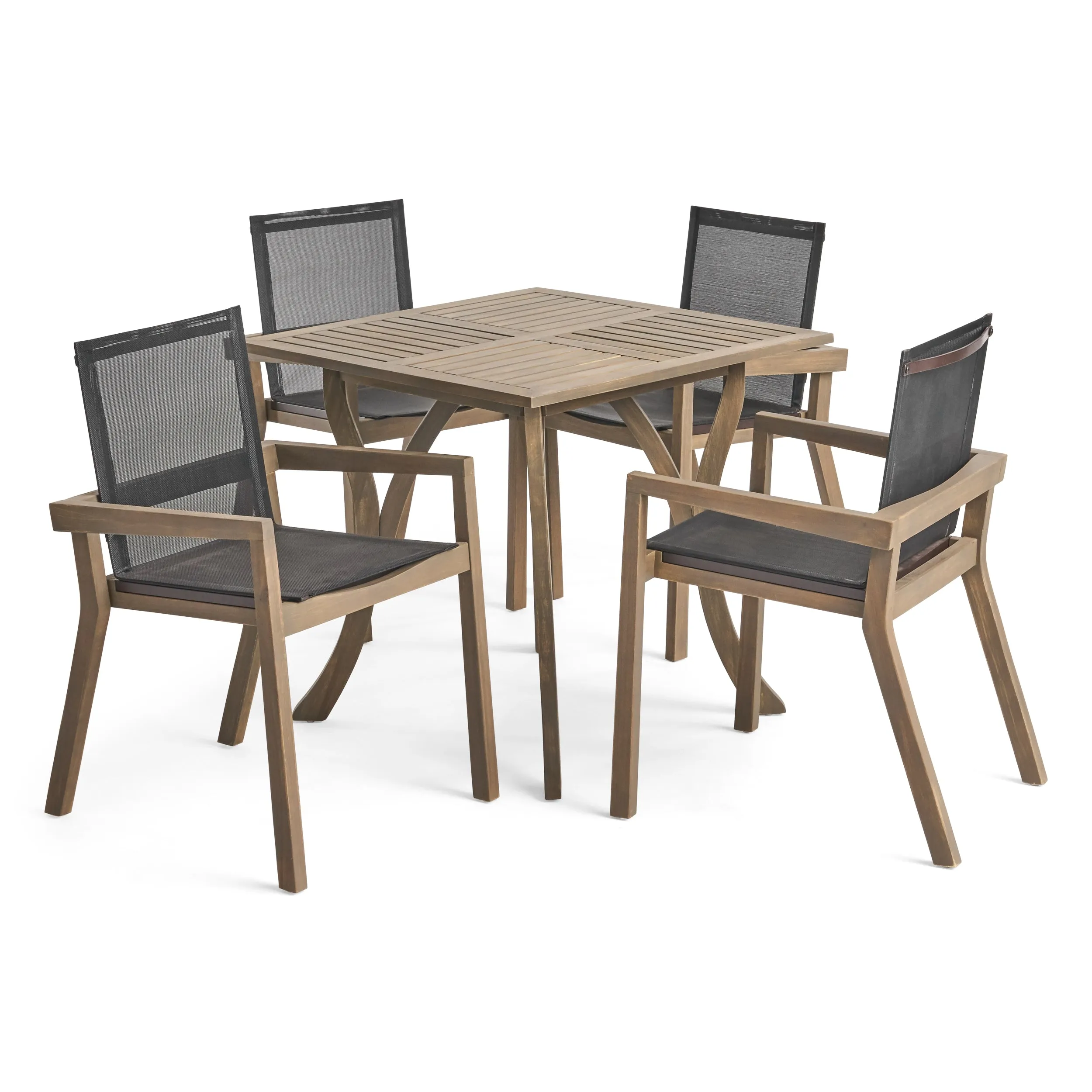 Ruiz Outdoor Acacia Wood 4 Seater Square Dining Set with Mesh Seats