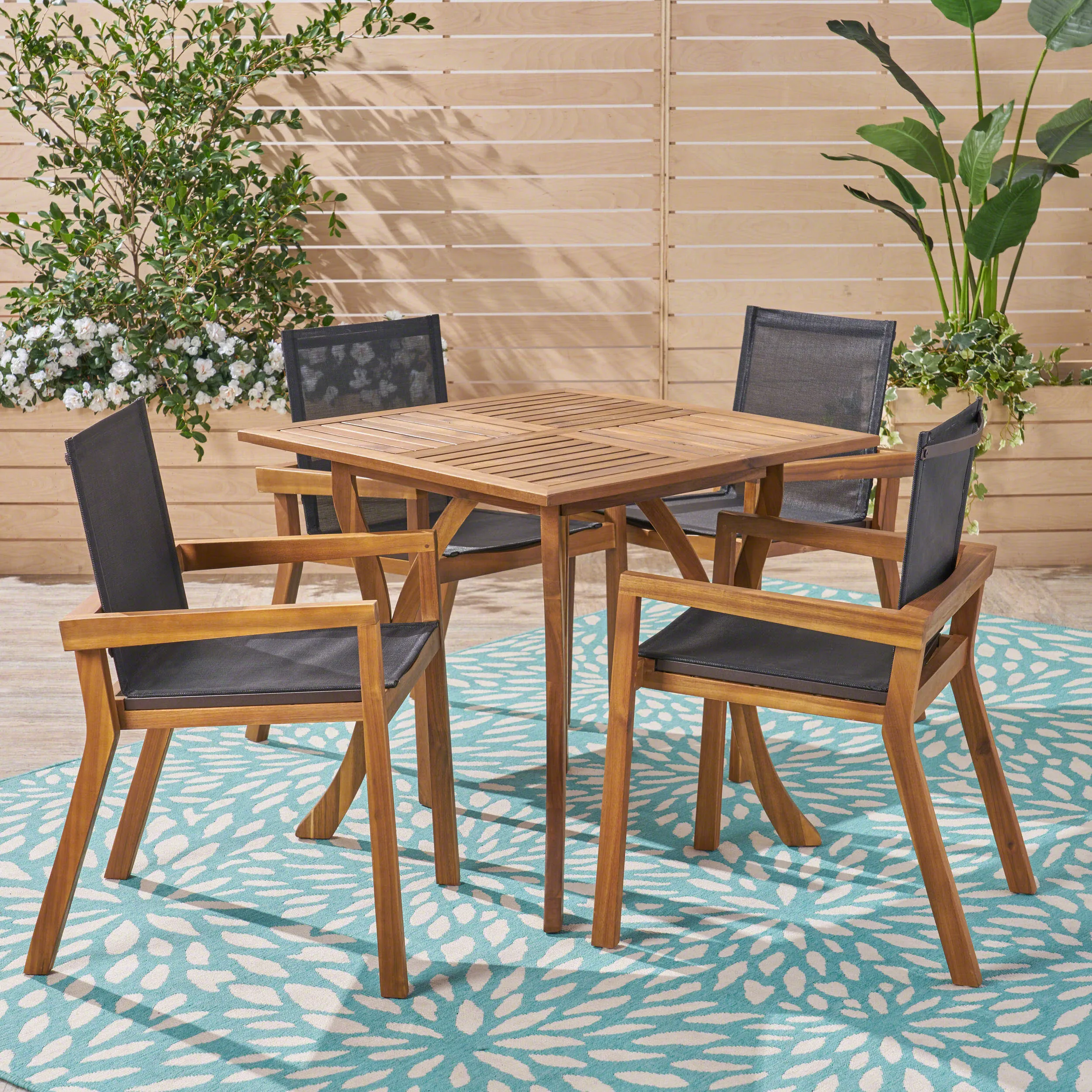 Ruiz Outdoor Acacia Wood 4 Seater Square Dining Set with Mesh Seats