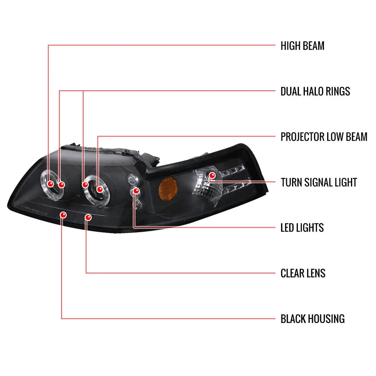 Spec-D 99-04 Ford Mustang Dual Halo Projector Headlights Black