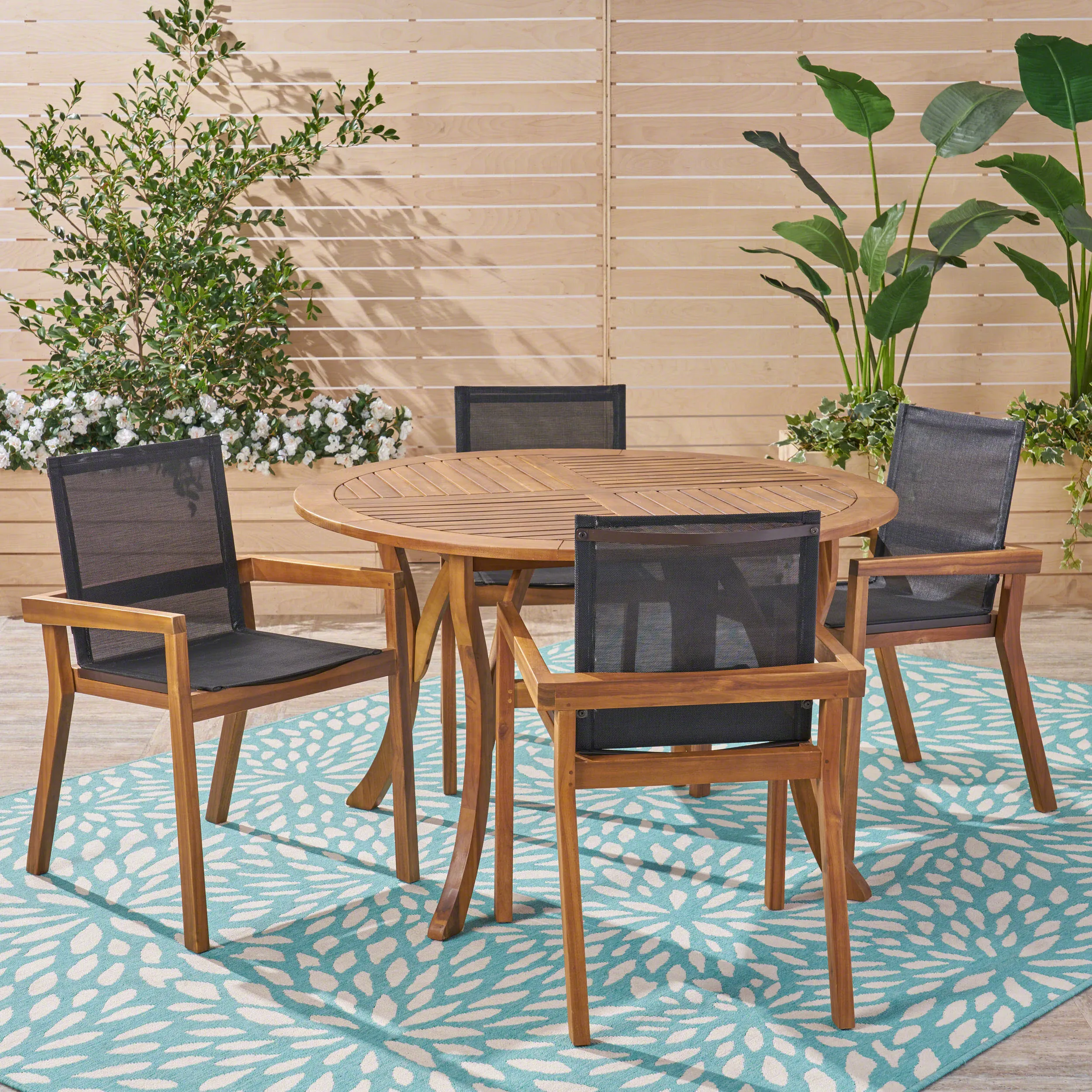 Spencer Outdoor Acacia Wood 5 Piece Round Dining Set with Mesh Seats