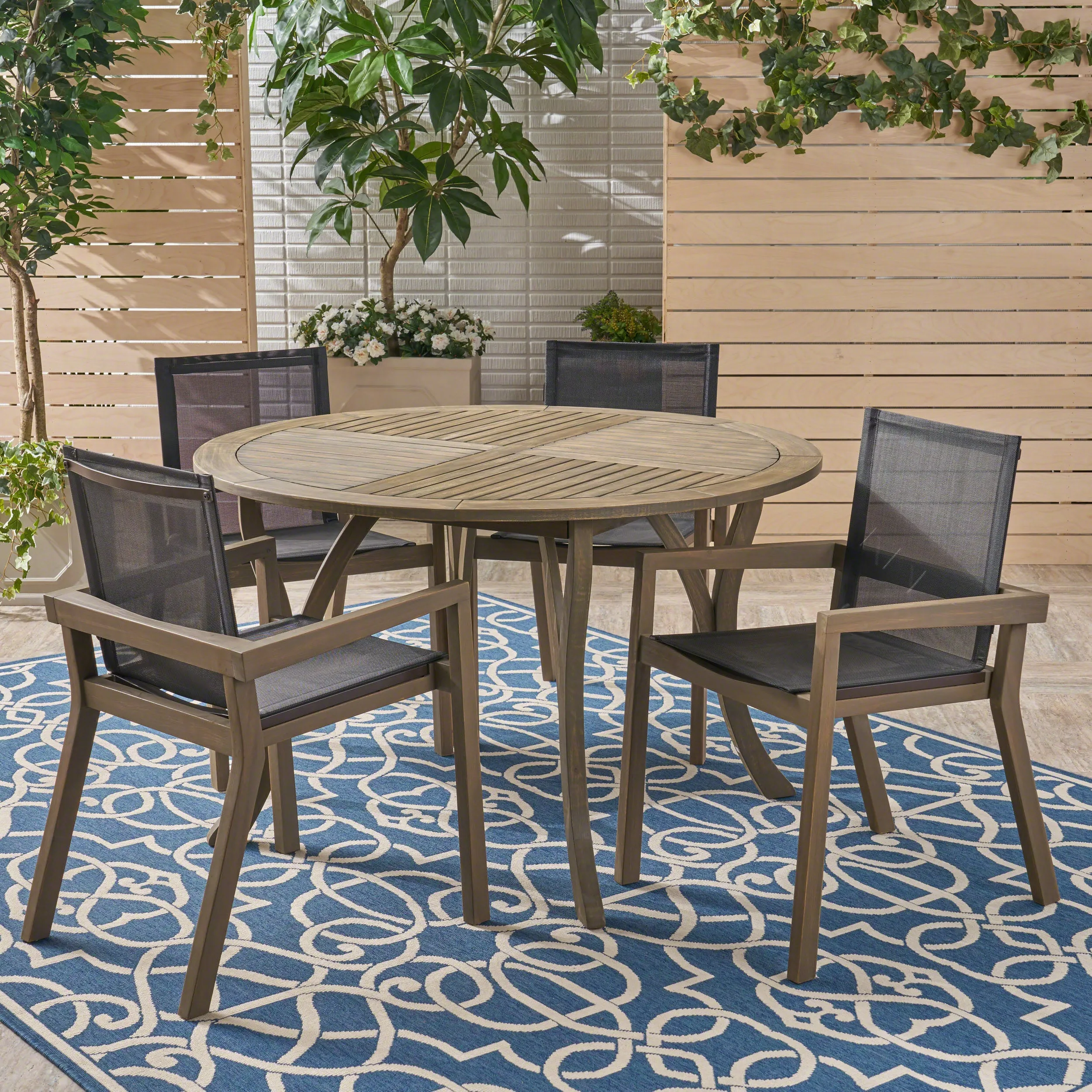 Spencer Outdoor Acacia Wood 5 Piece Round Dining Set with Mesh Seats