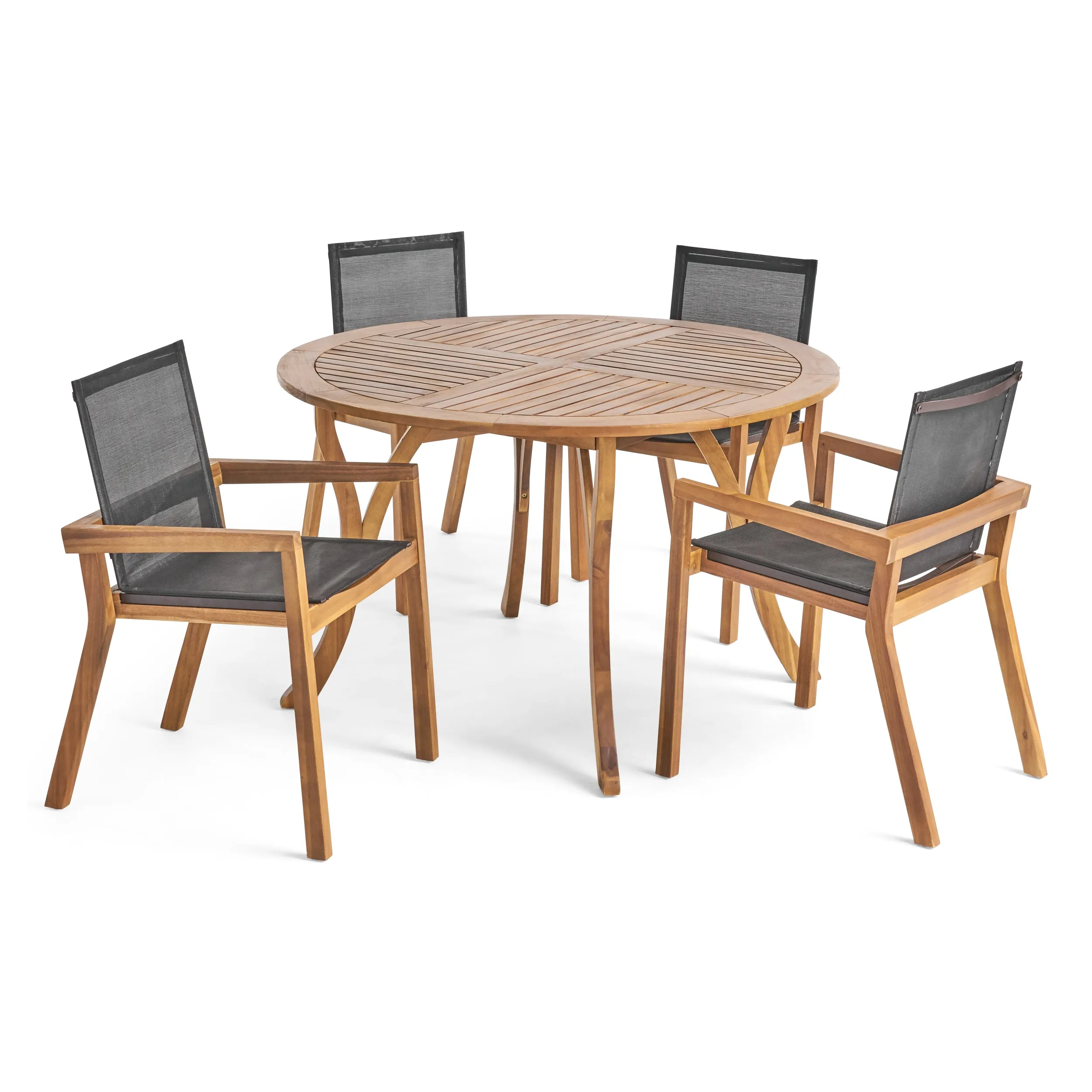 Spencer Outdoor Acacia Wood 5 Piece Round Dining Set with Mesh Seats