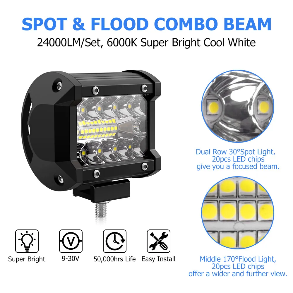 WinPower 4 Inch LED Pods, 120W 1200LM Flood Spot Combo Beam Pods Lights Off Road Light Bar Fog Lights Driving Work Light for Truck Pickup ATV UTV SUV Trailer Boat, White
